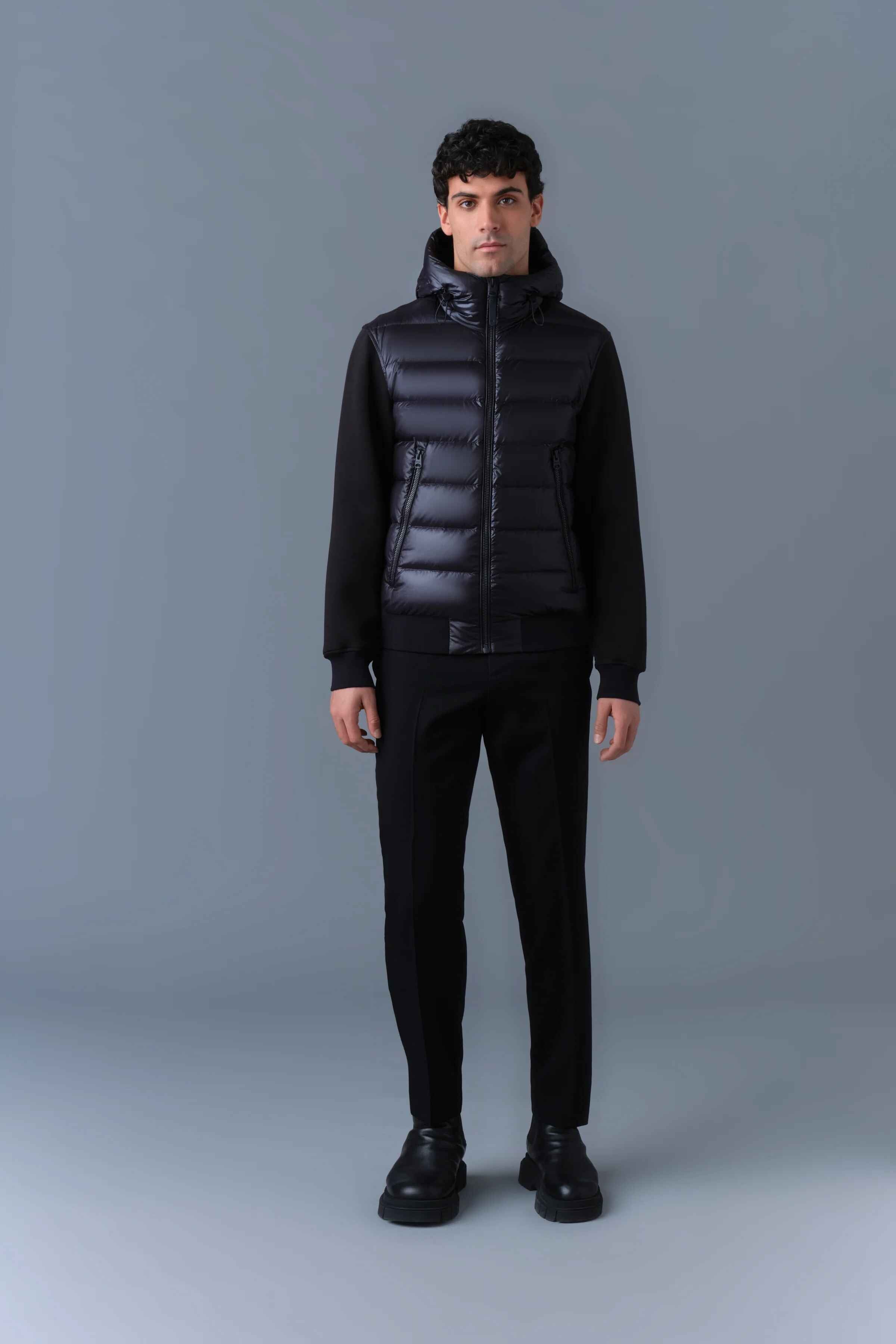 Men's Black Regular Fit Hooded Hybrid Puffer Jacket