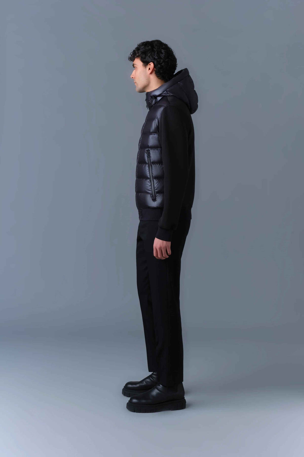 Men's Black Regular Fit Hooded Hybrid Puffer Jacket