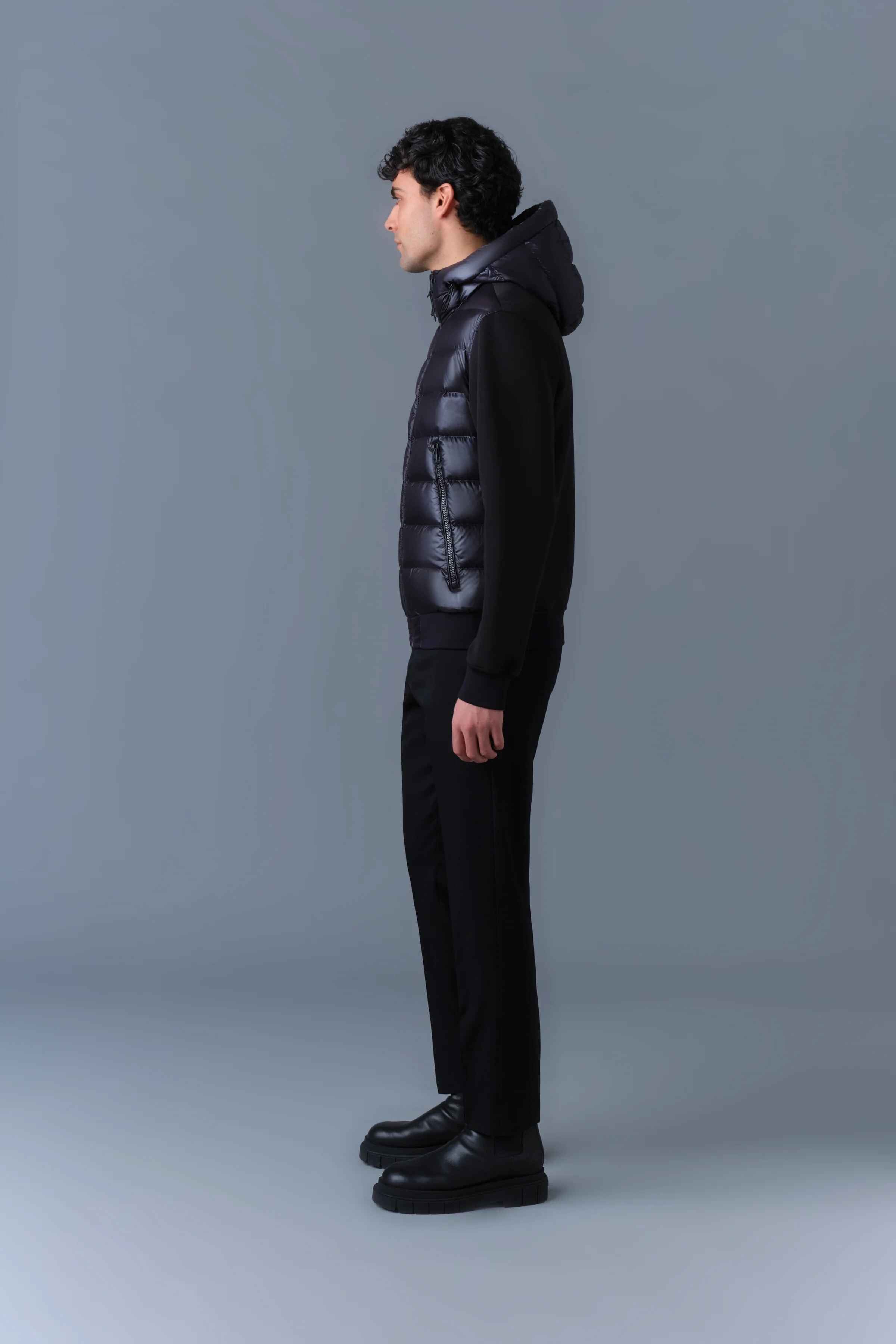 Men's Black Regular Fit Hooded Hybrid Puffer Jacket