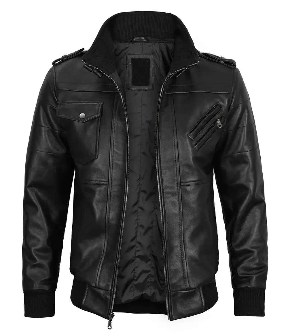Men's Black Removable Hoodie Leather Bomber Jacket