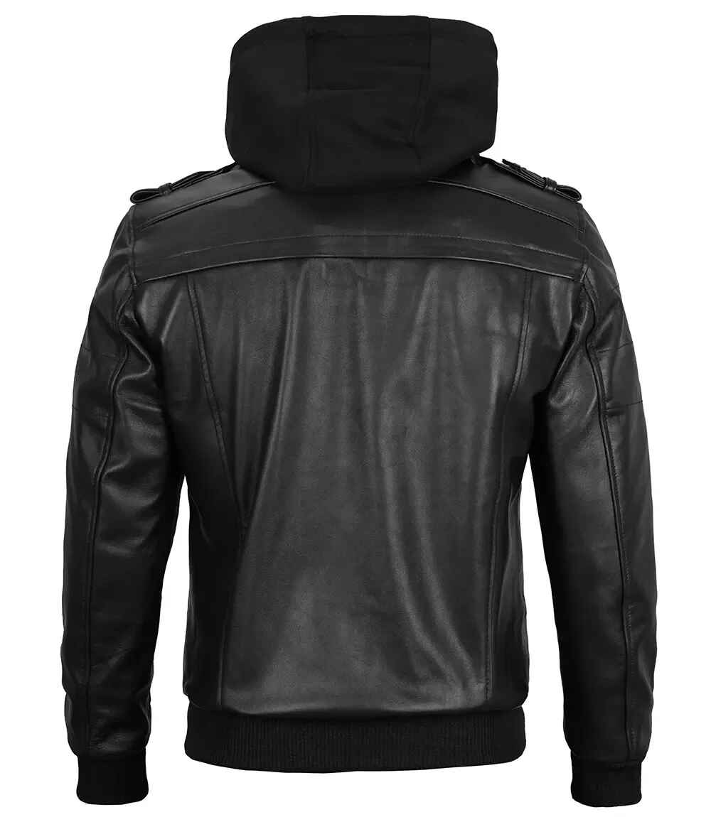Men's Black Removable Hoodie Leather Bomber Jacket