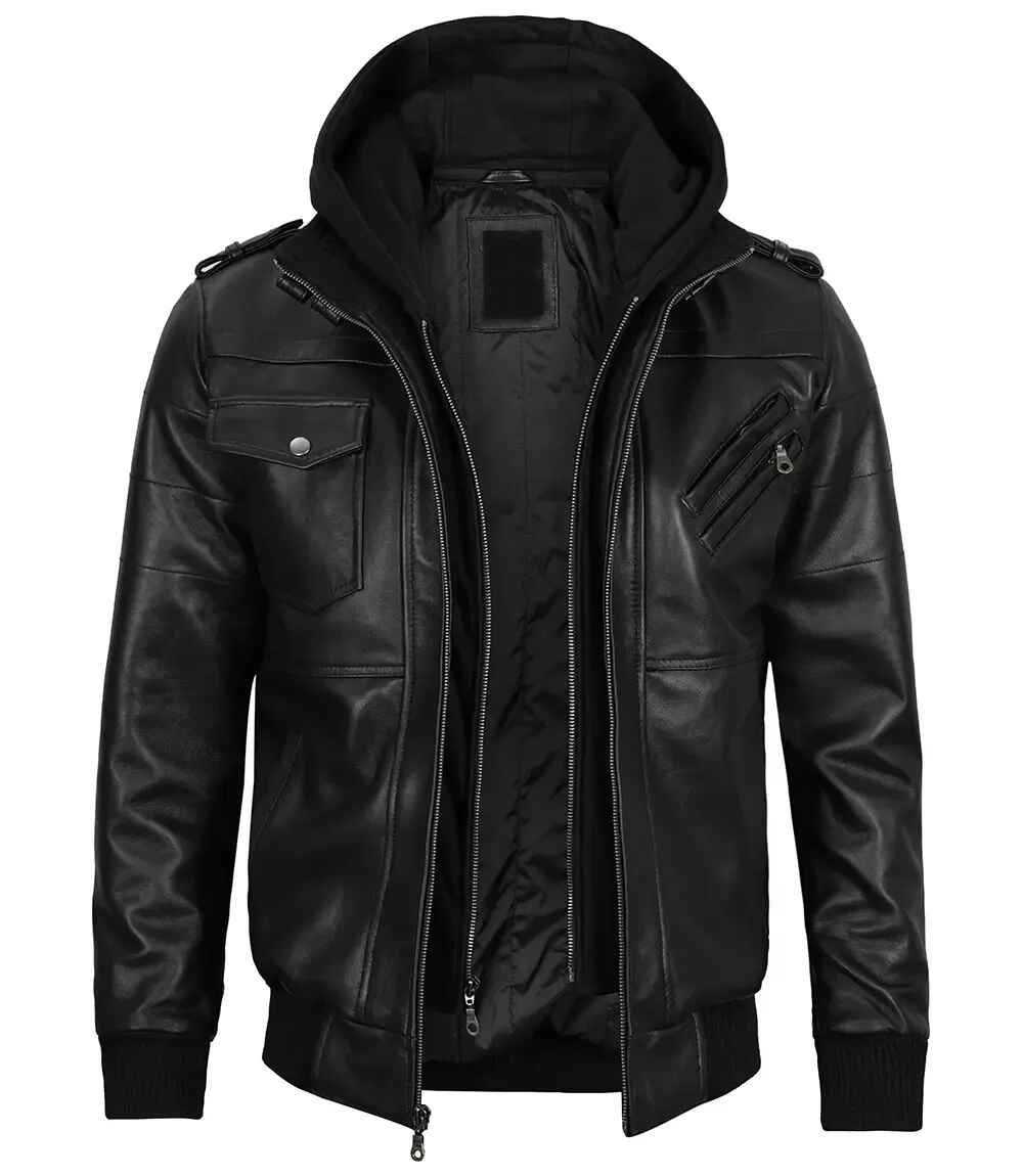 Men's Black Removable Hoodie Leather Bomber Jacket