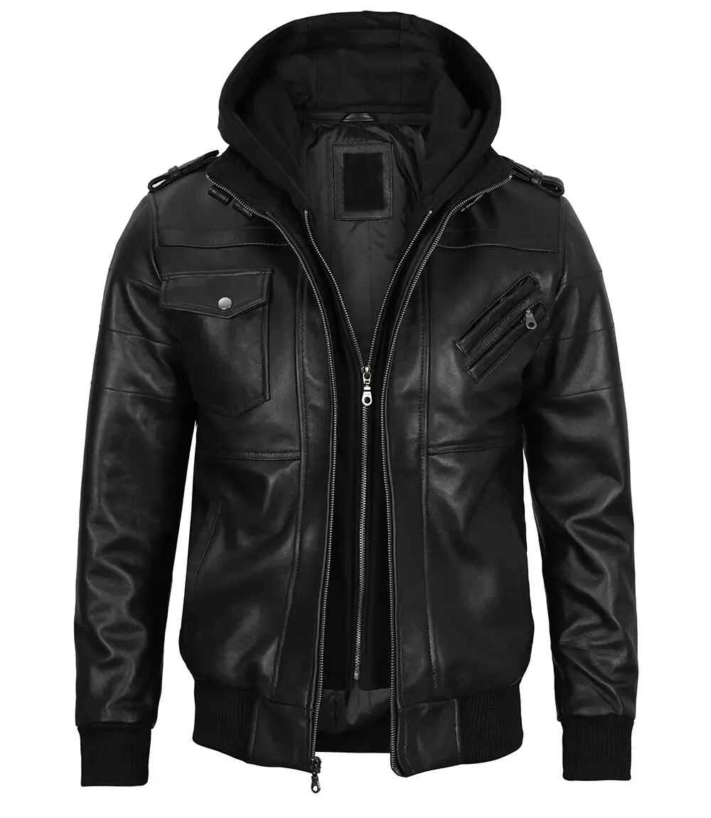 Men's Black Removable Hoodie Leather Bomber Jacket