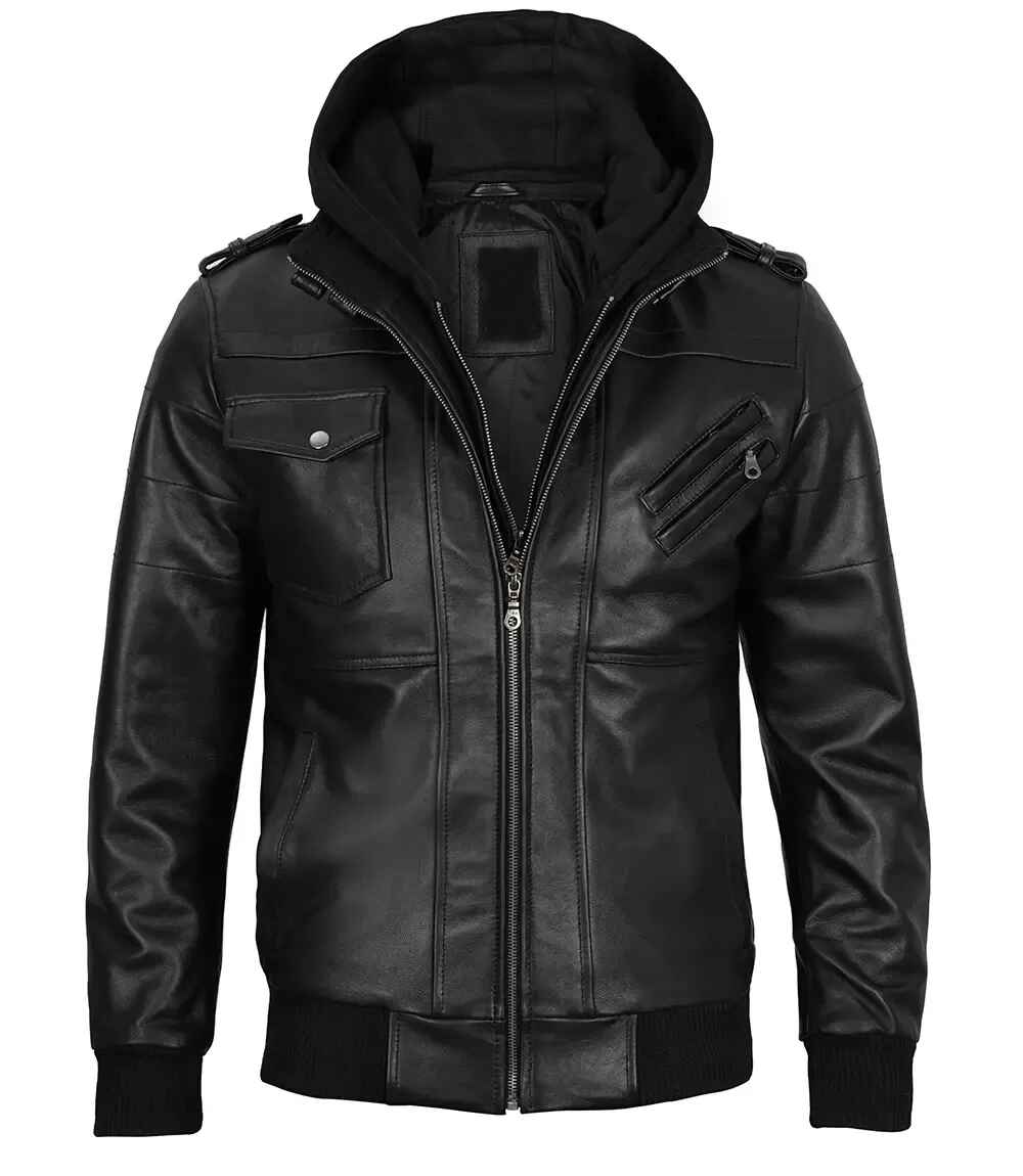 Men's Black Removable Hoodie Leather Bomber Jacket