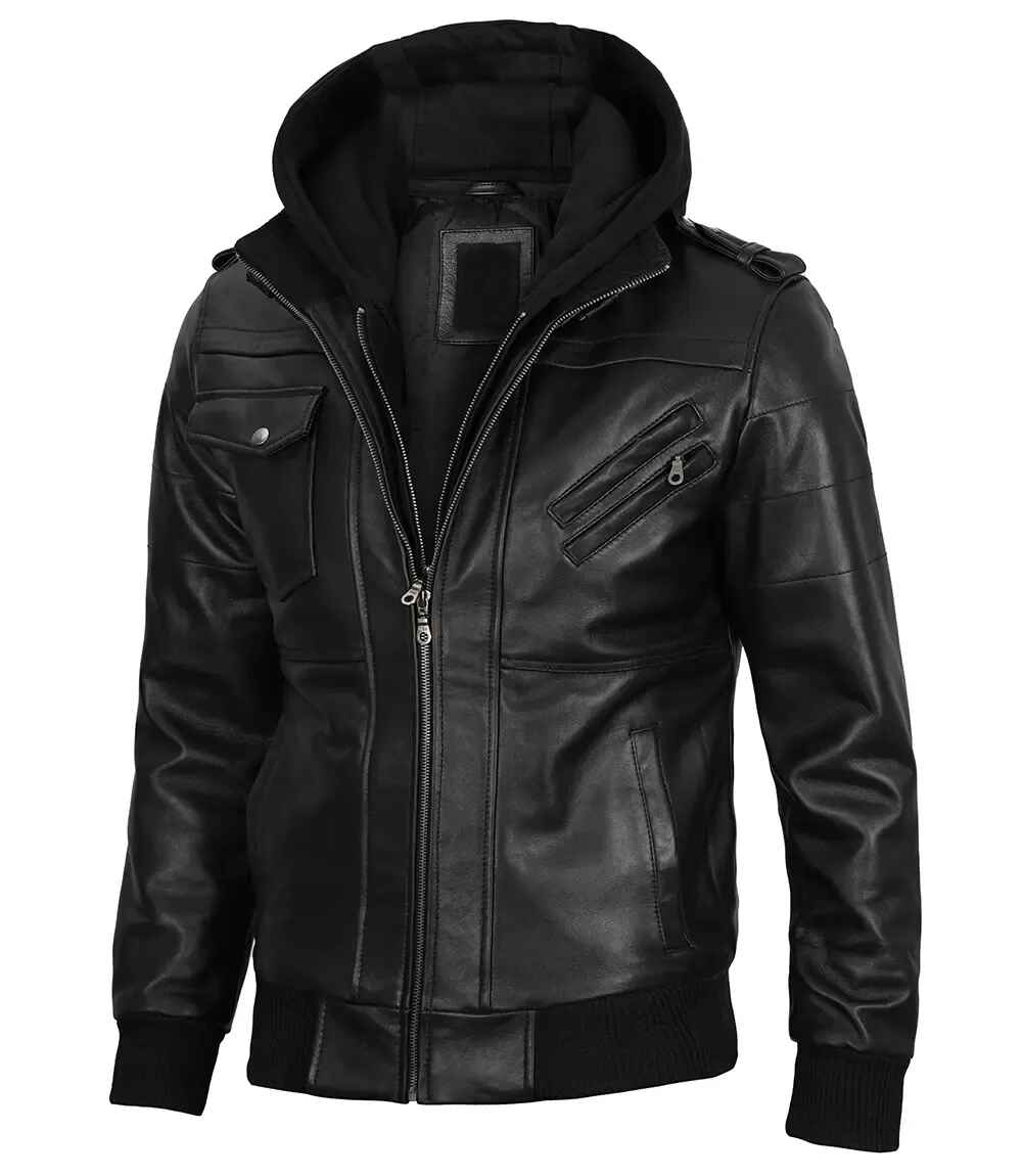 Men's Black Removable Hoodie Leather Bomber Jacket