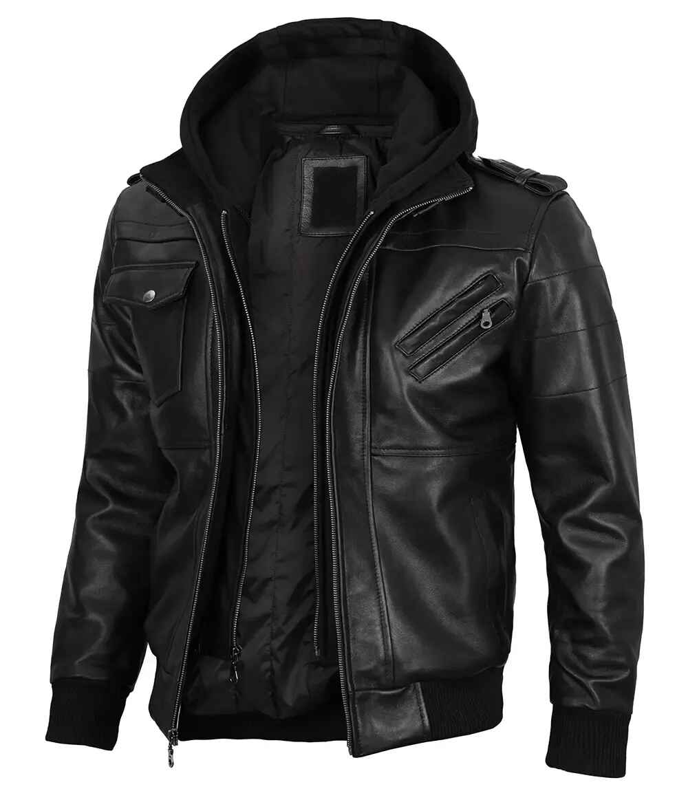 Men's Black Removable Hoodie Leather Bomber Jacket