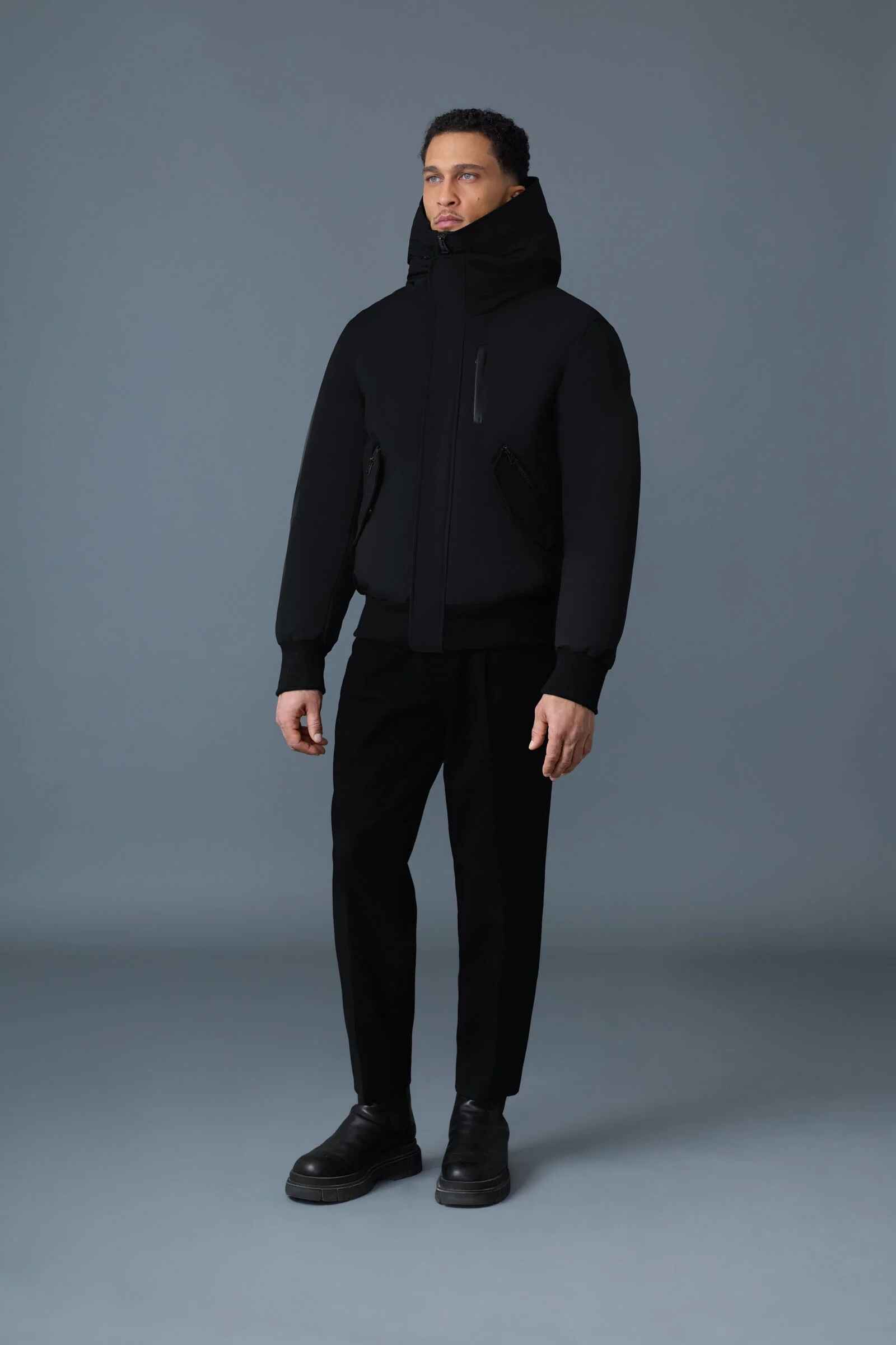 Men's Black Removeable Hood Down Bomber Jacket