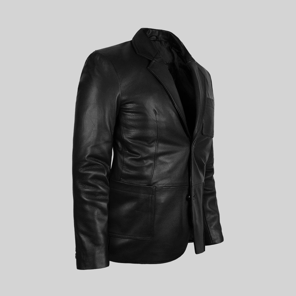 Men's Black Three Button Leather Blazer