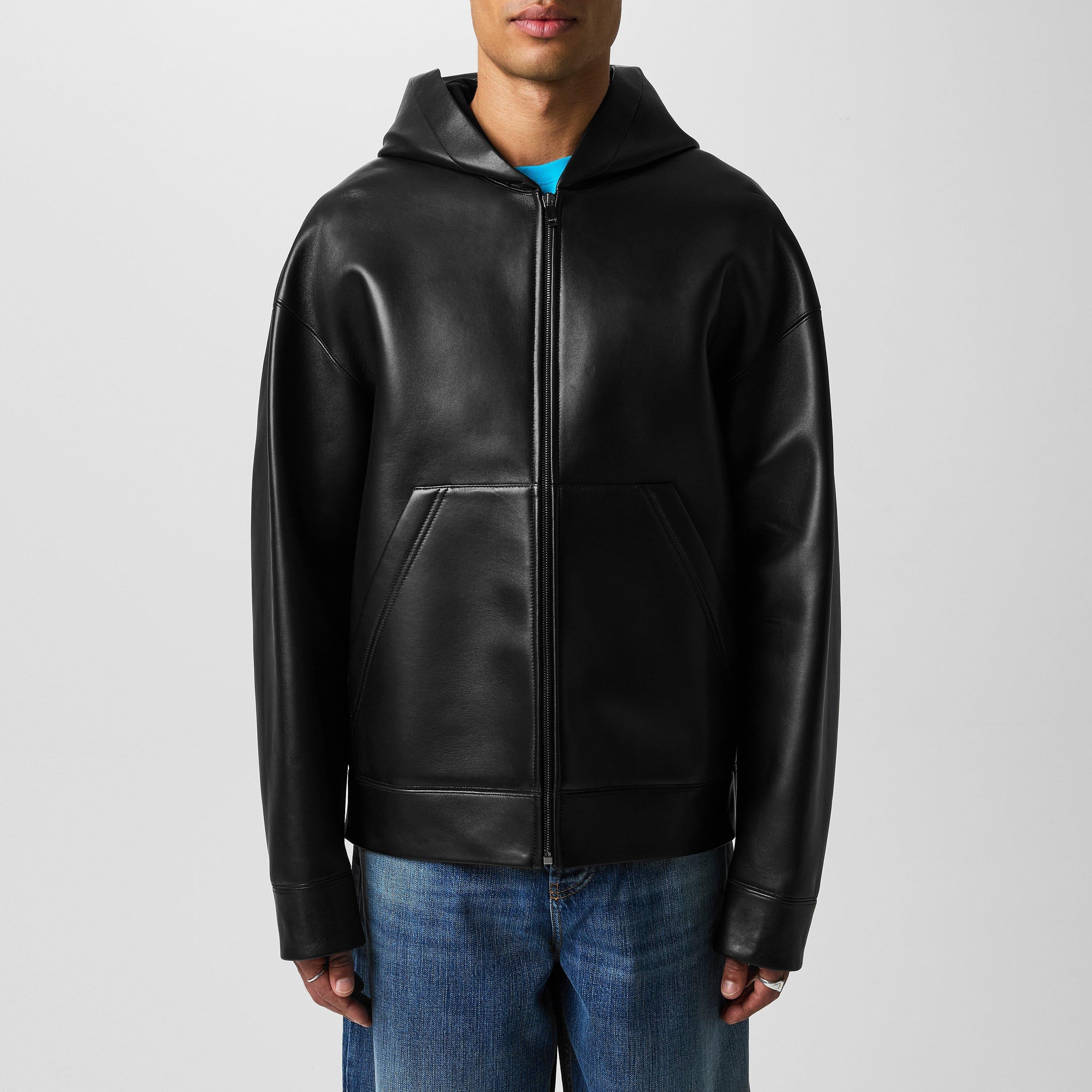 Men's Black Valentino Leather Hooded Jacket
