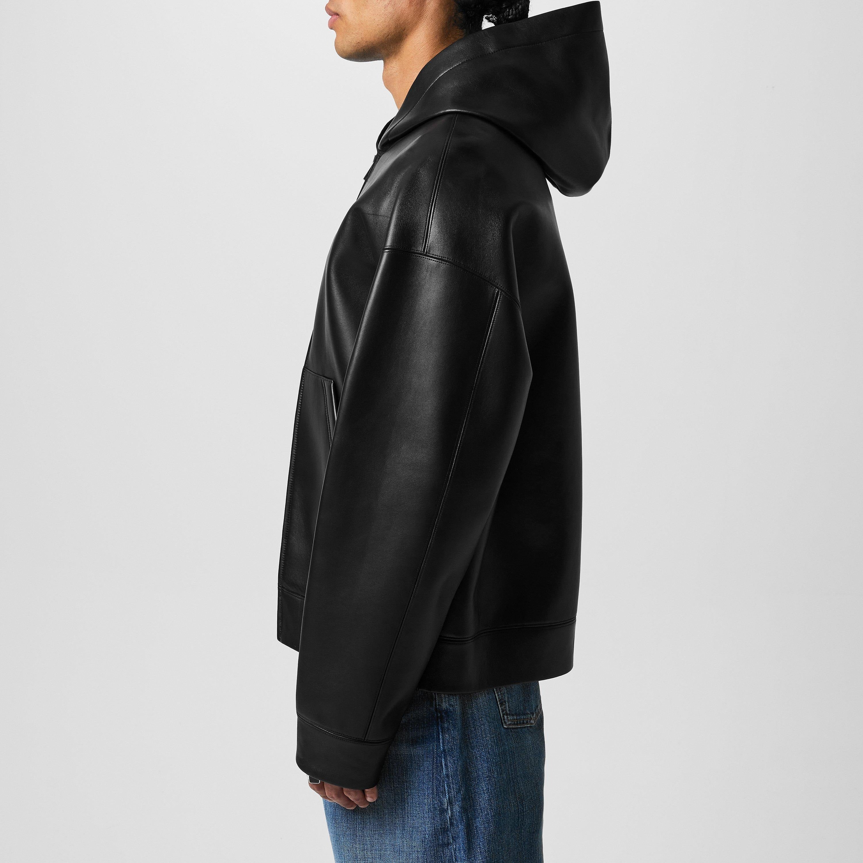 Men's Black Valentino Leather Hooded Jacket