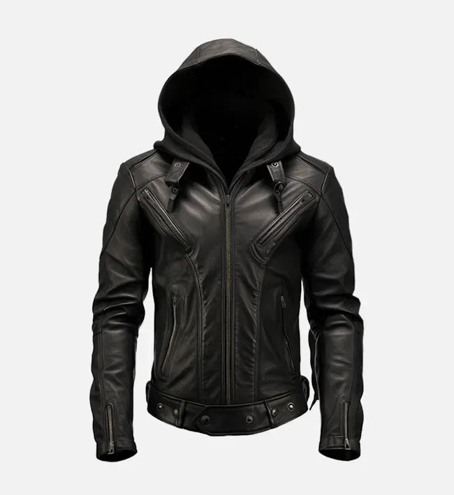Men’s Black Zipped Hooded Leather Motorcycle Jacket