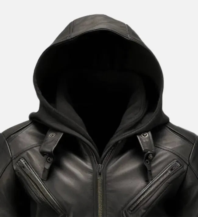 Men’s Black Zipped Hooded Leather Motorcycle Jacket