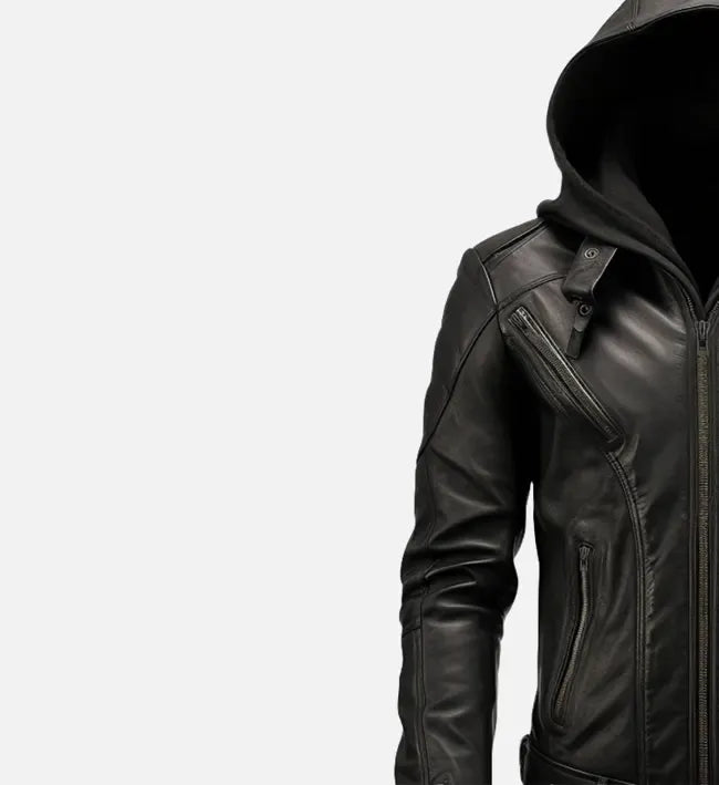 Men’s Black Zipped Hooded Leather Motorcycle Jacket