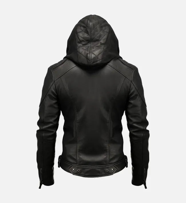 Men’s Black Zipped Hooded Leather Motorcycle Jacket