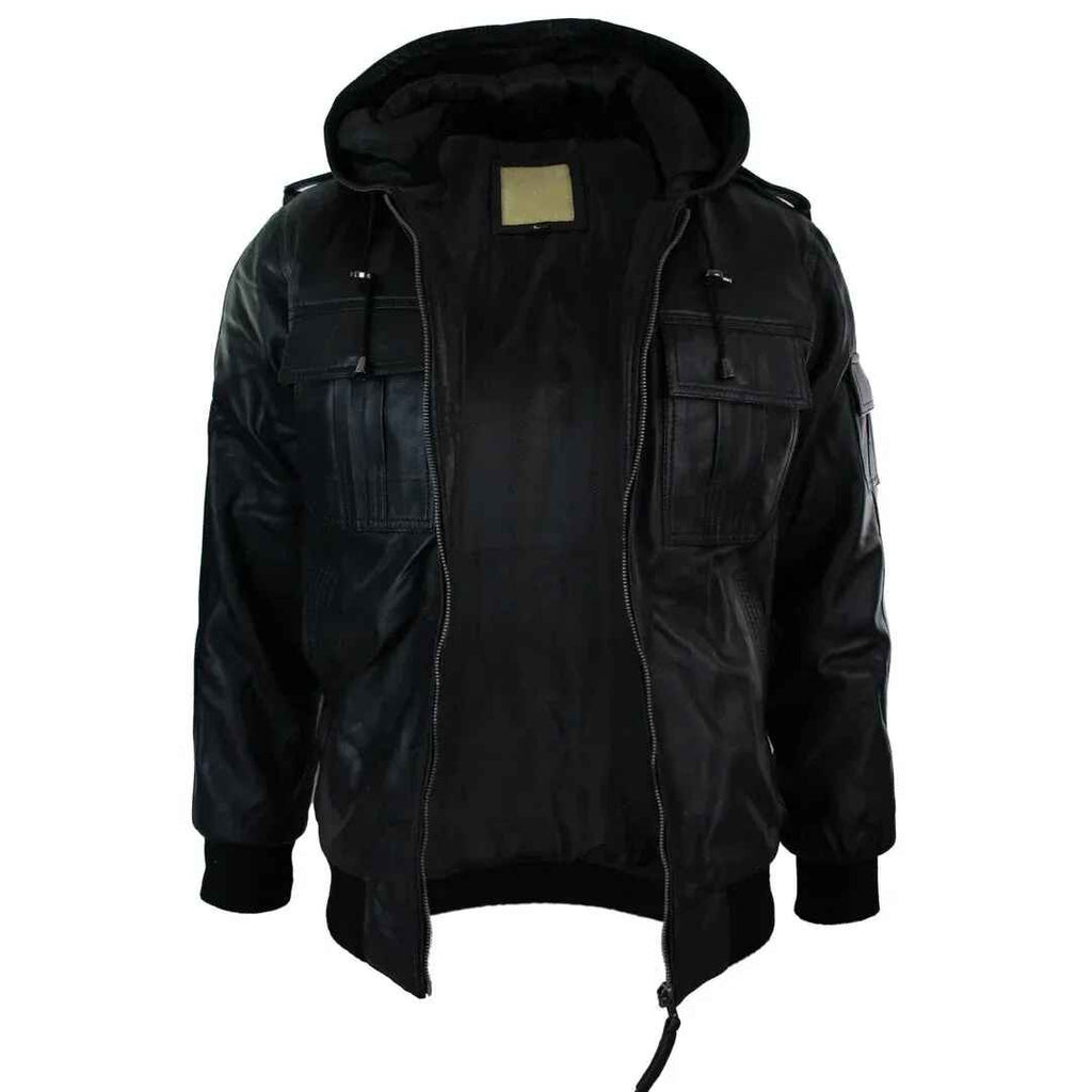 Schwarze Bomberjacke aus Leder mit Reißverschluss und Kapuze für Herren