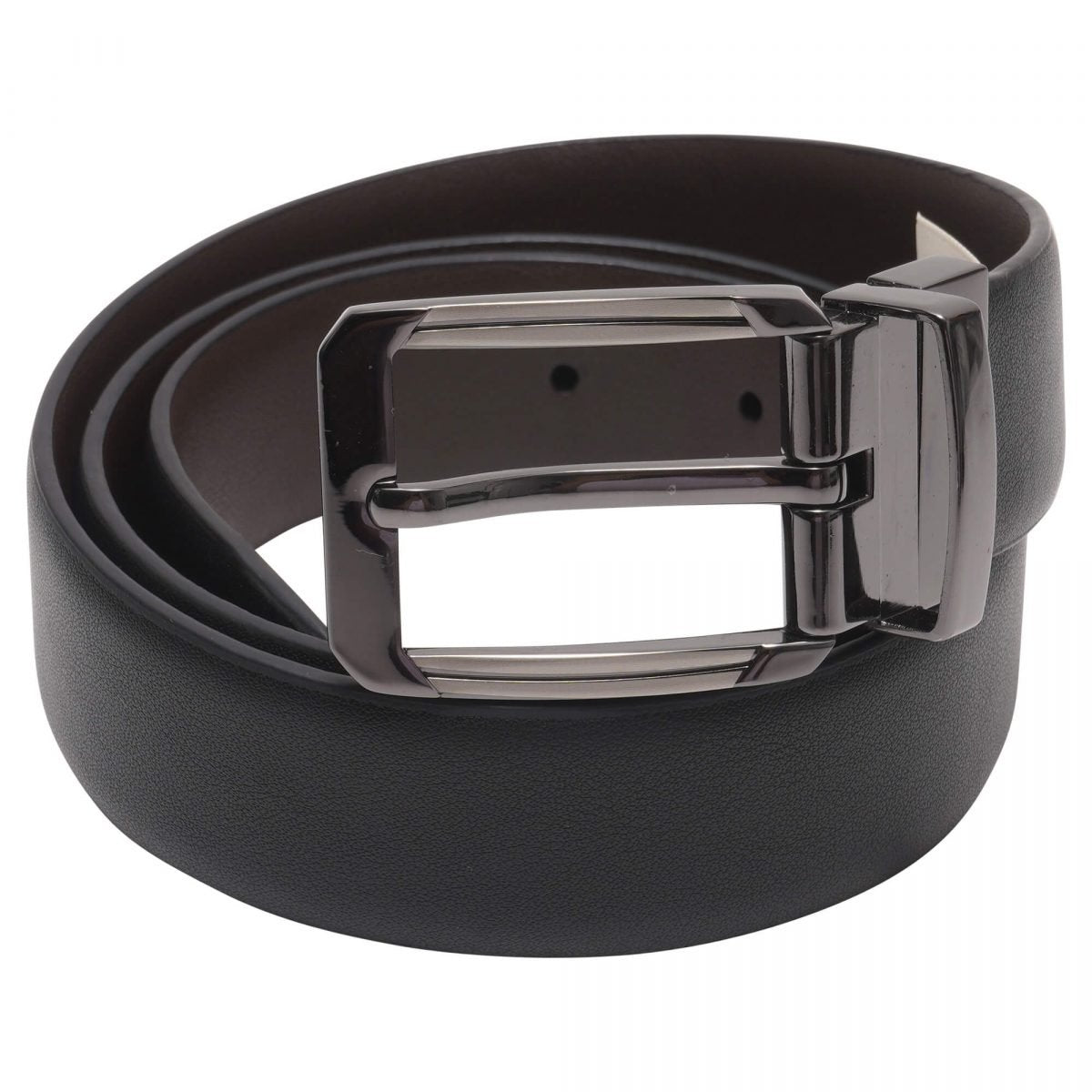 Men’s Black & Brown Reversible Bonded Leather Belt with Gunmetal Silver Buckle