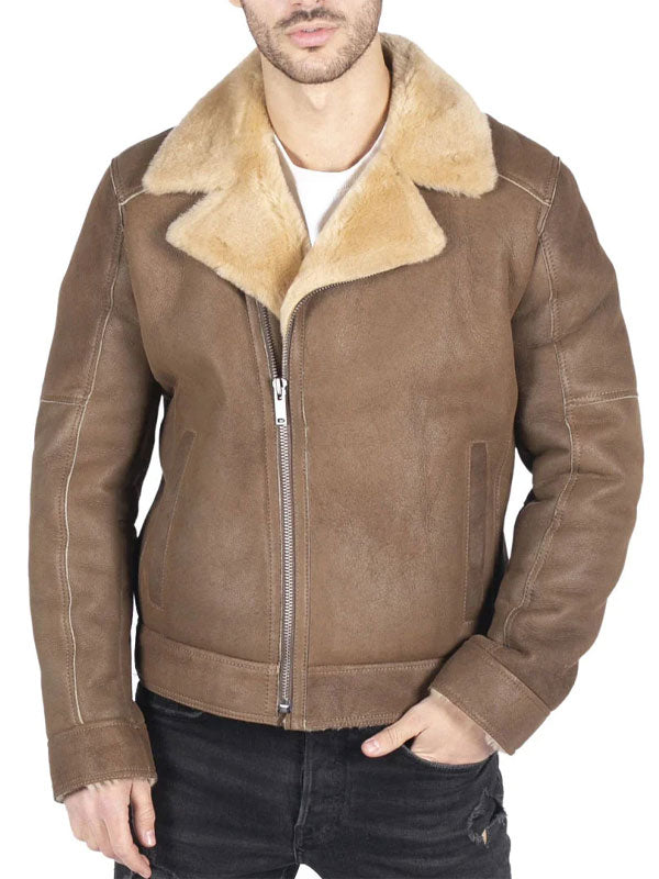 Men's Brown Aviator Sheepskin Cross Zip Leather Jacket
