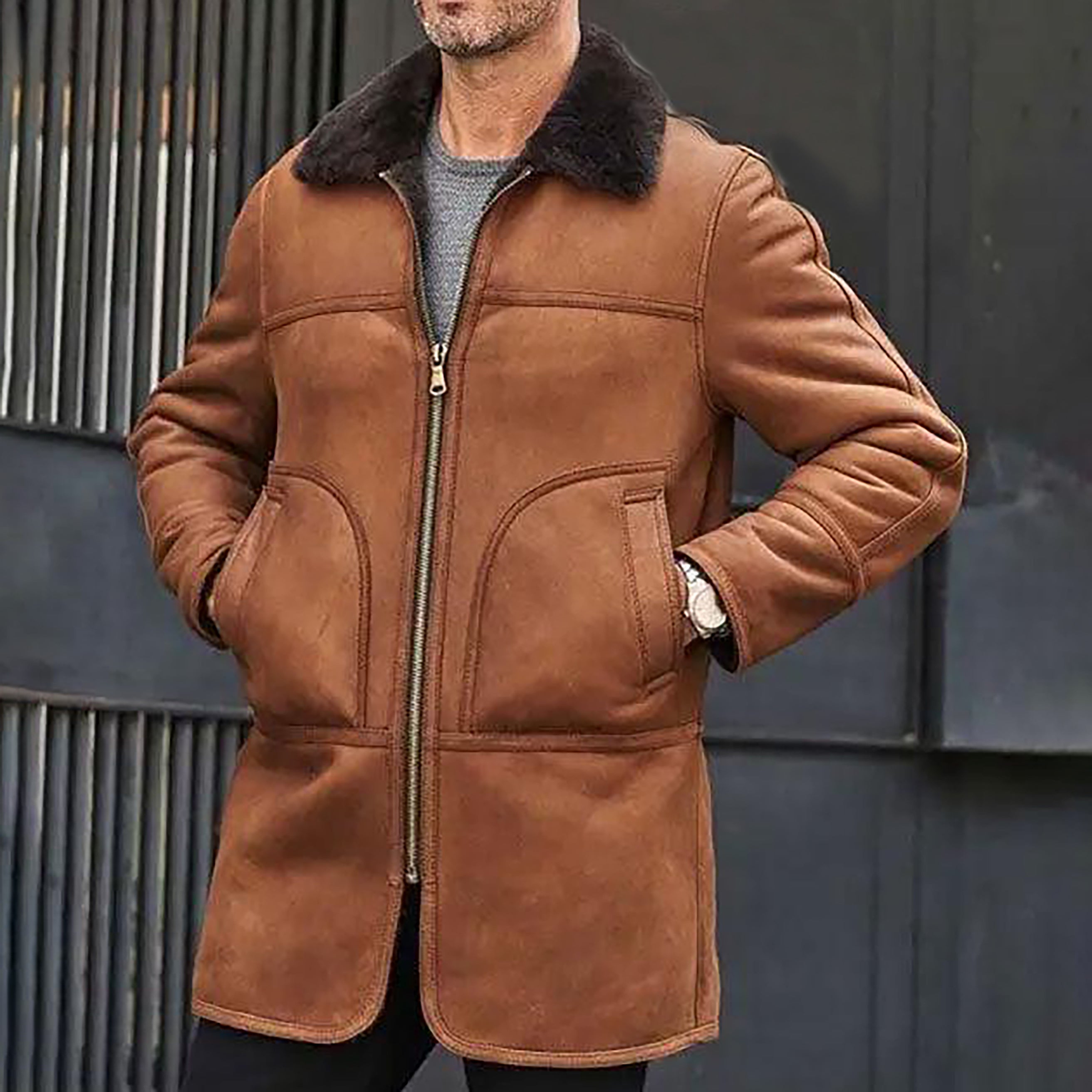 Men's Brown Fur Shearling Leather Coat