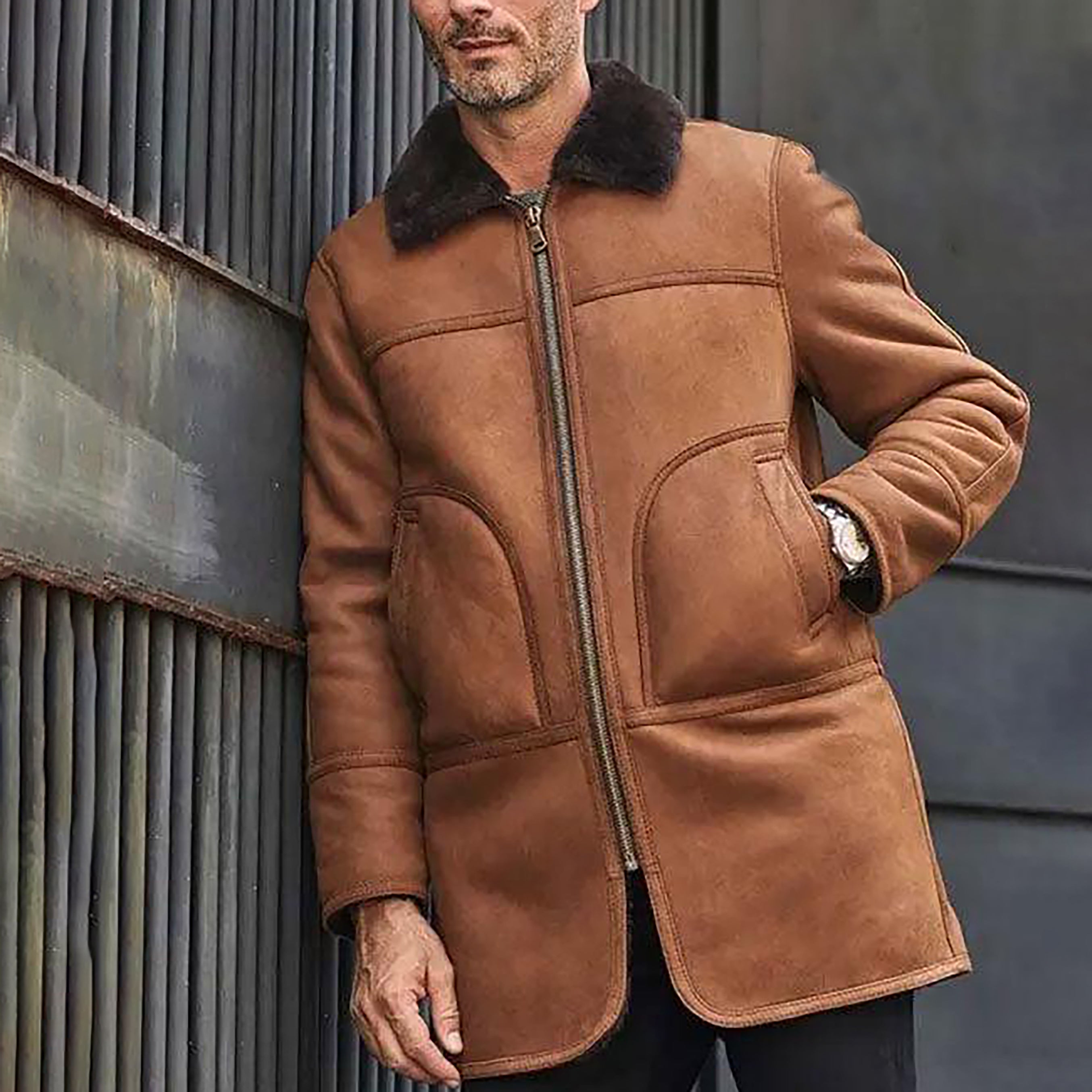 Men's Brown Fur Shearling Leather Coat