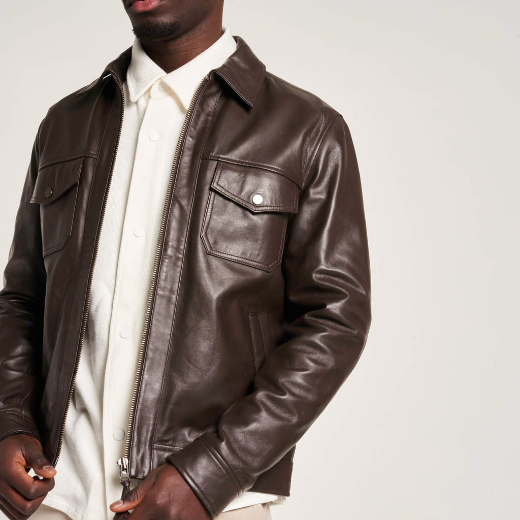 Men’s Brown Leather Patch-Pocket Jacket