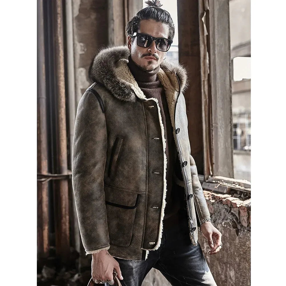 Men's Brown Leather Shearling Coat