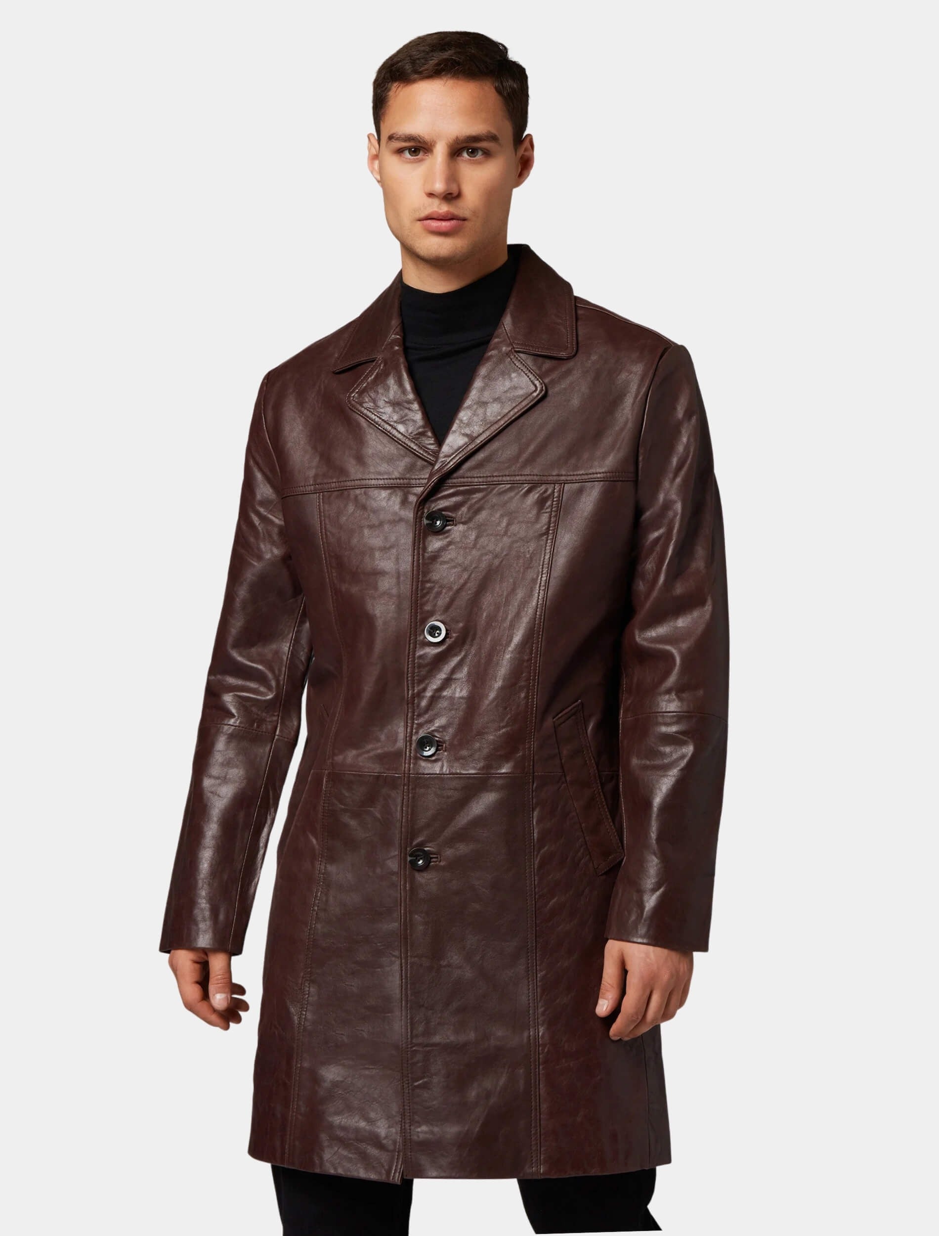 Men's Brown Leather Trench Coat