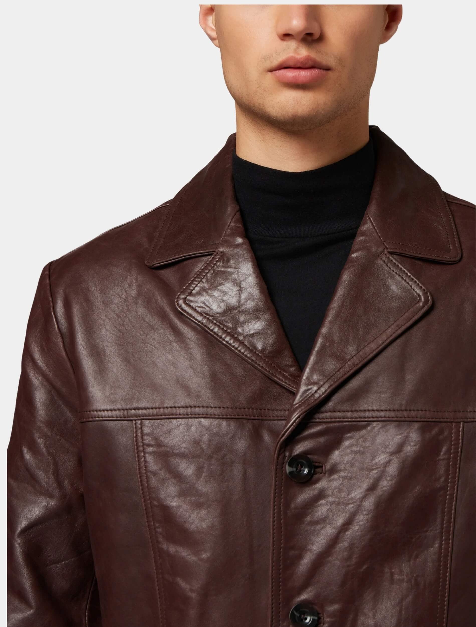 Men's Brown Leather Trench Coat