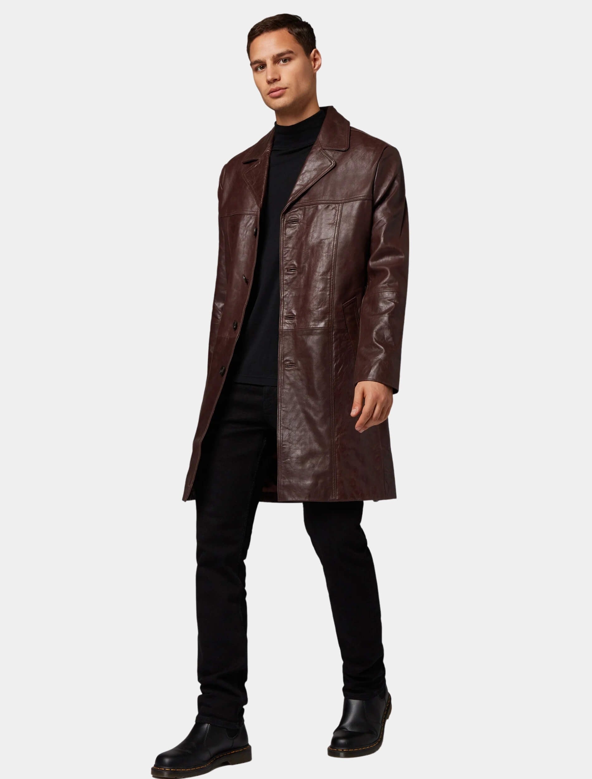 Men's Brown Leather Trench Coat