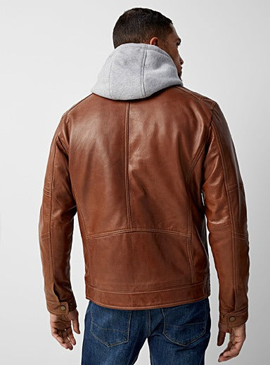 Men's Brown Removable Hood Leather Biker Jacket