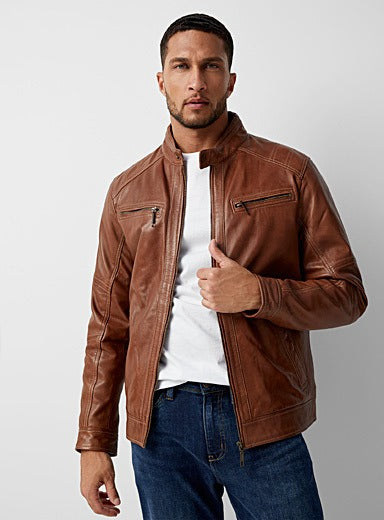 Men's Brown Removable Hood Leather Biker Jacket