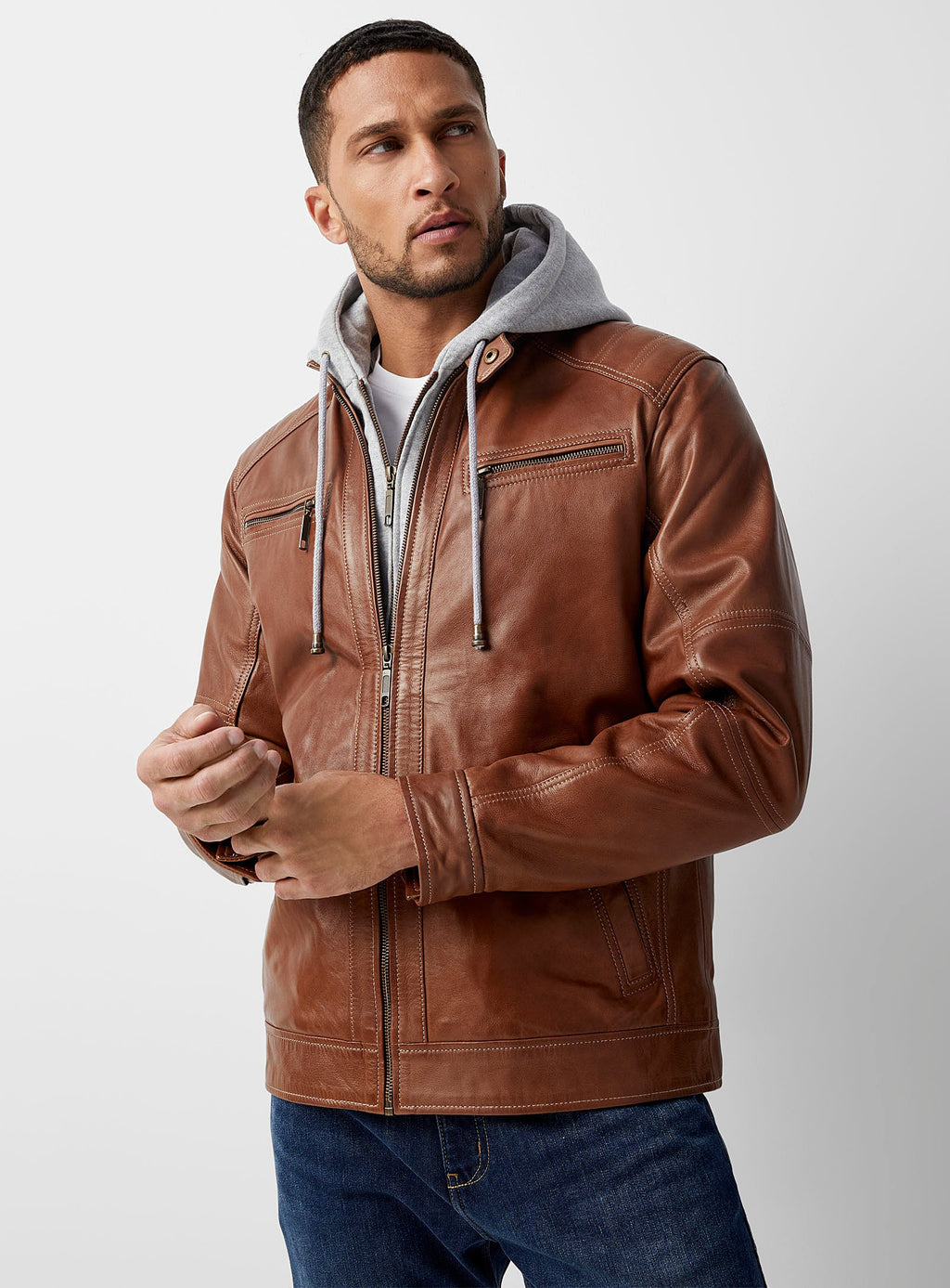 Men's Brown Removable Hood Leather Biker Jacket