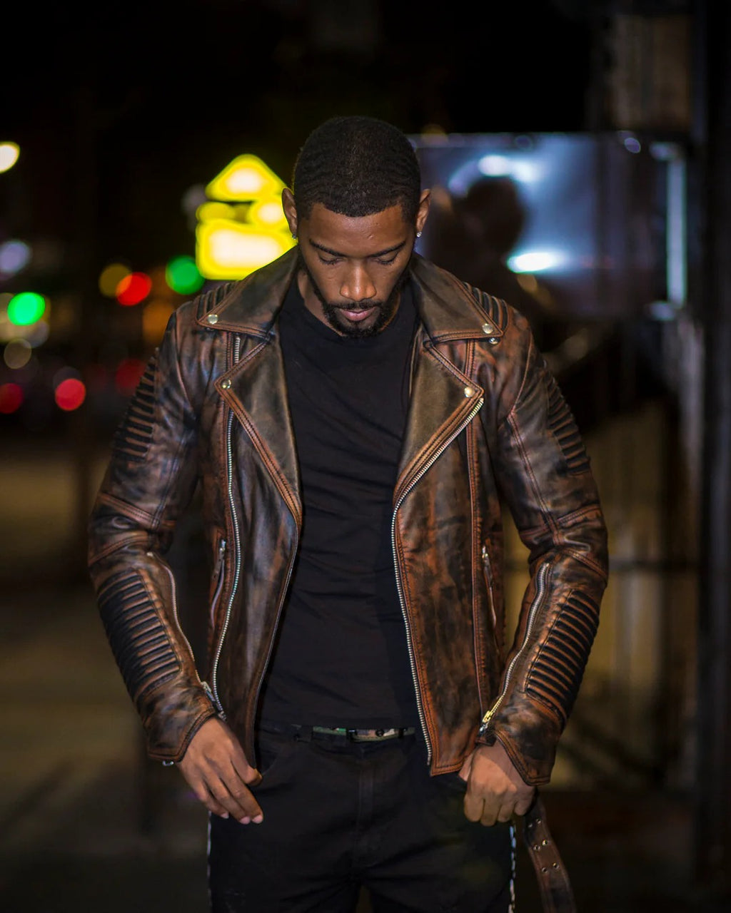 Men's Brown Ribbles Leather Biker Jacket