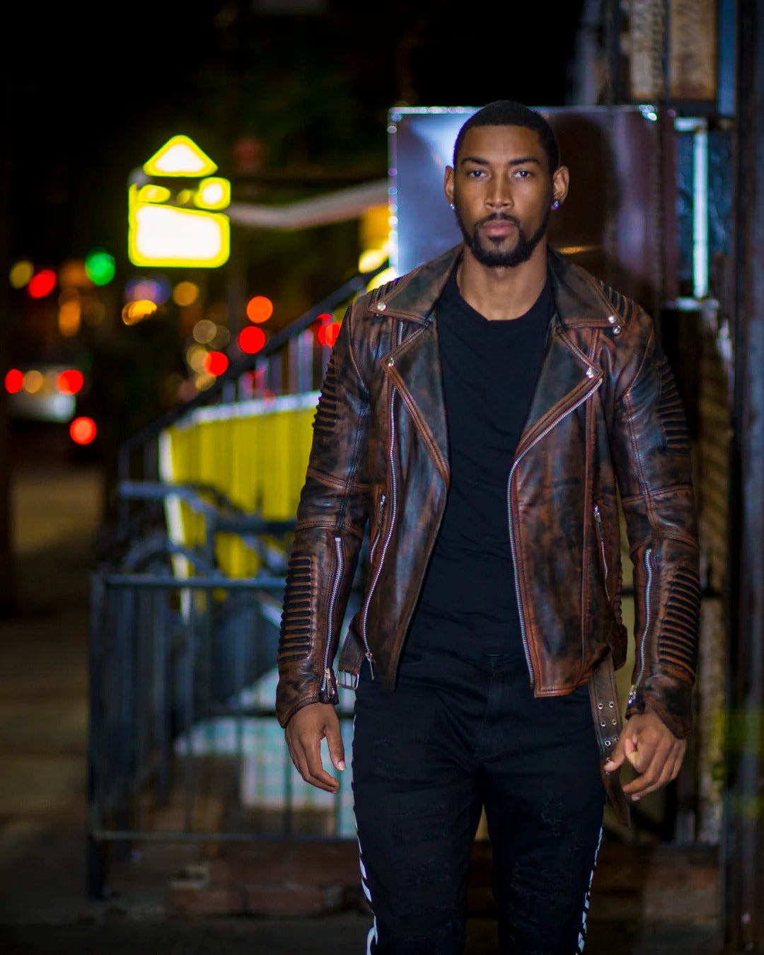 Men's Brown Ribbles Leather Biker Jacket