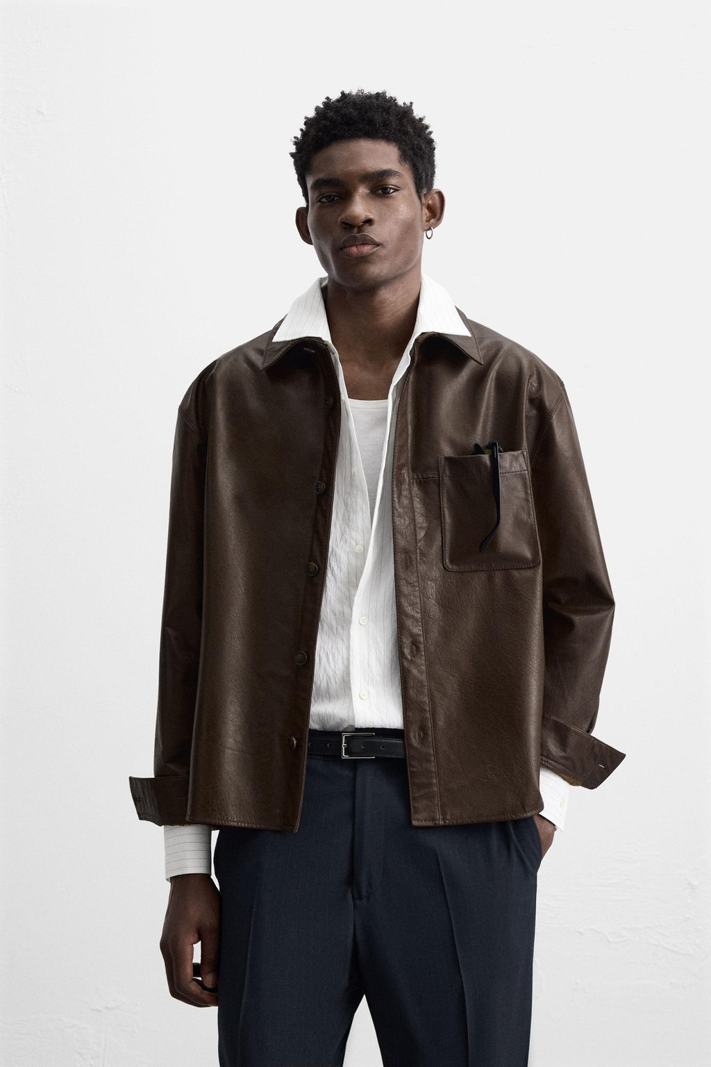 Men's Brown Shirt Style Simple Leather Jacket