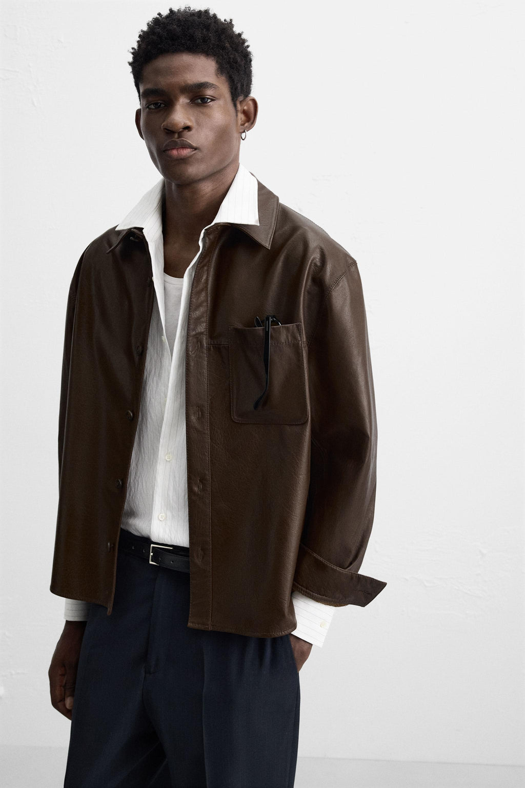 Men's Brown Shirt Style Simple Leather Jacket