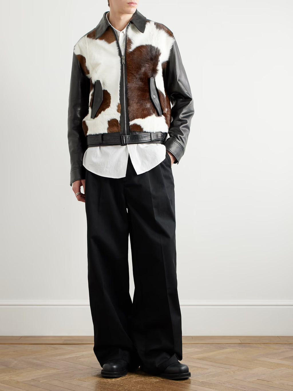 Men's Brown Slim Fit Belted Cow Print Calf Hair Leather Jacket