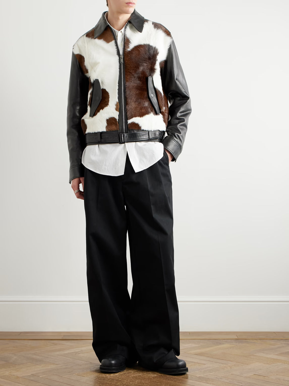 Men's Brown Slim Fit Belted Cow Print Calf Hair Leather Jacket