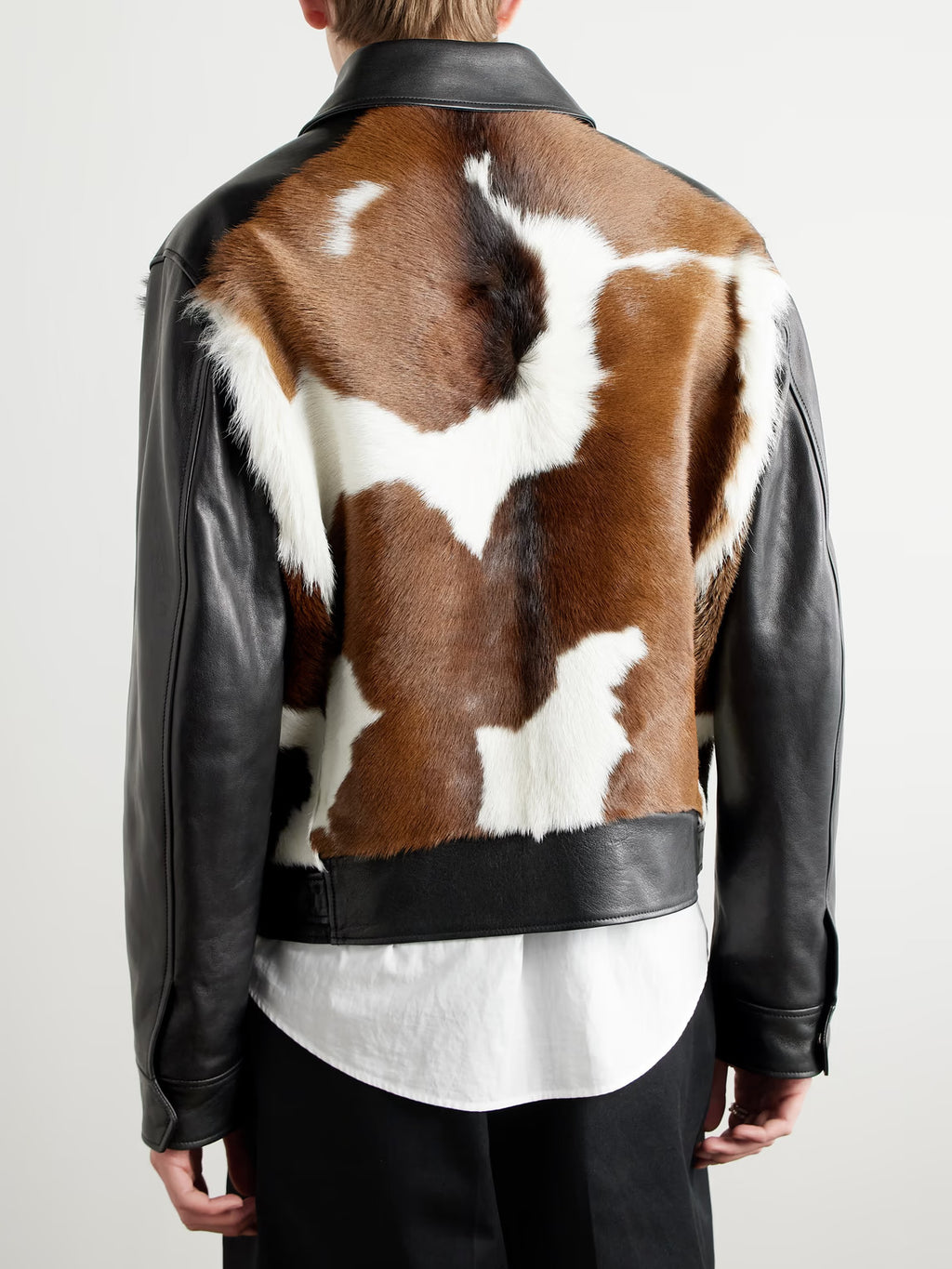 Men's Brown Slim Fit Belted Cow Print Calf Hair Leather Jacket