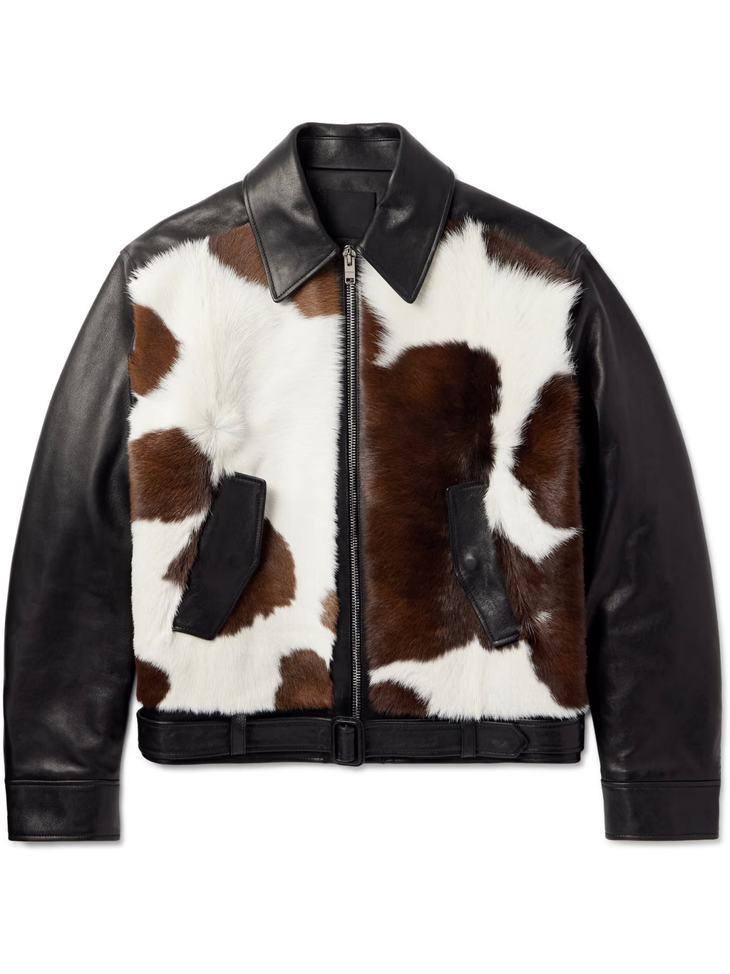 Men's Brown Slim Fit Belted Cow Print Calf Hair Leather Jacket