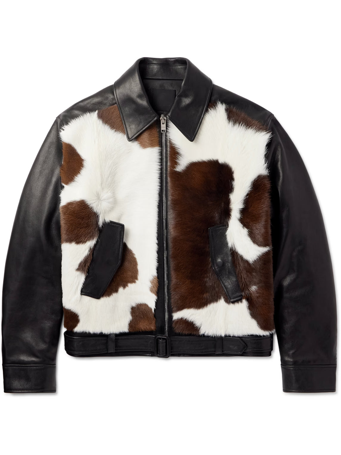 Men's Brown Slim Fit Belted Cow Print Calf Hair Leather Jacket