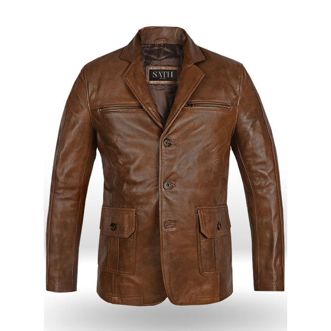 Men's Brown Three Button Leather Blazer