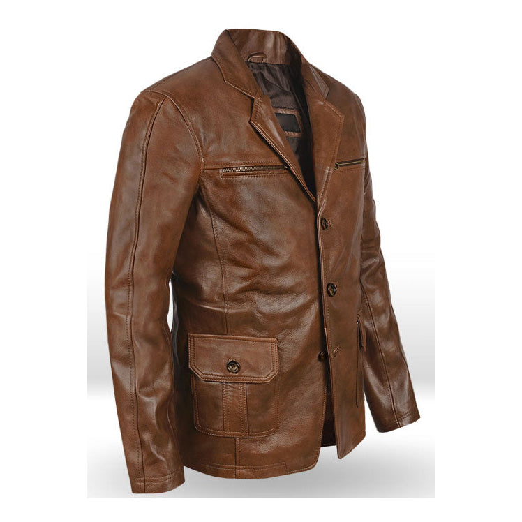 Men's Brown Three Button Leather Blazer