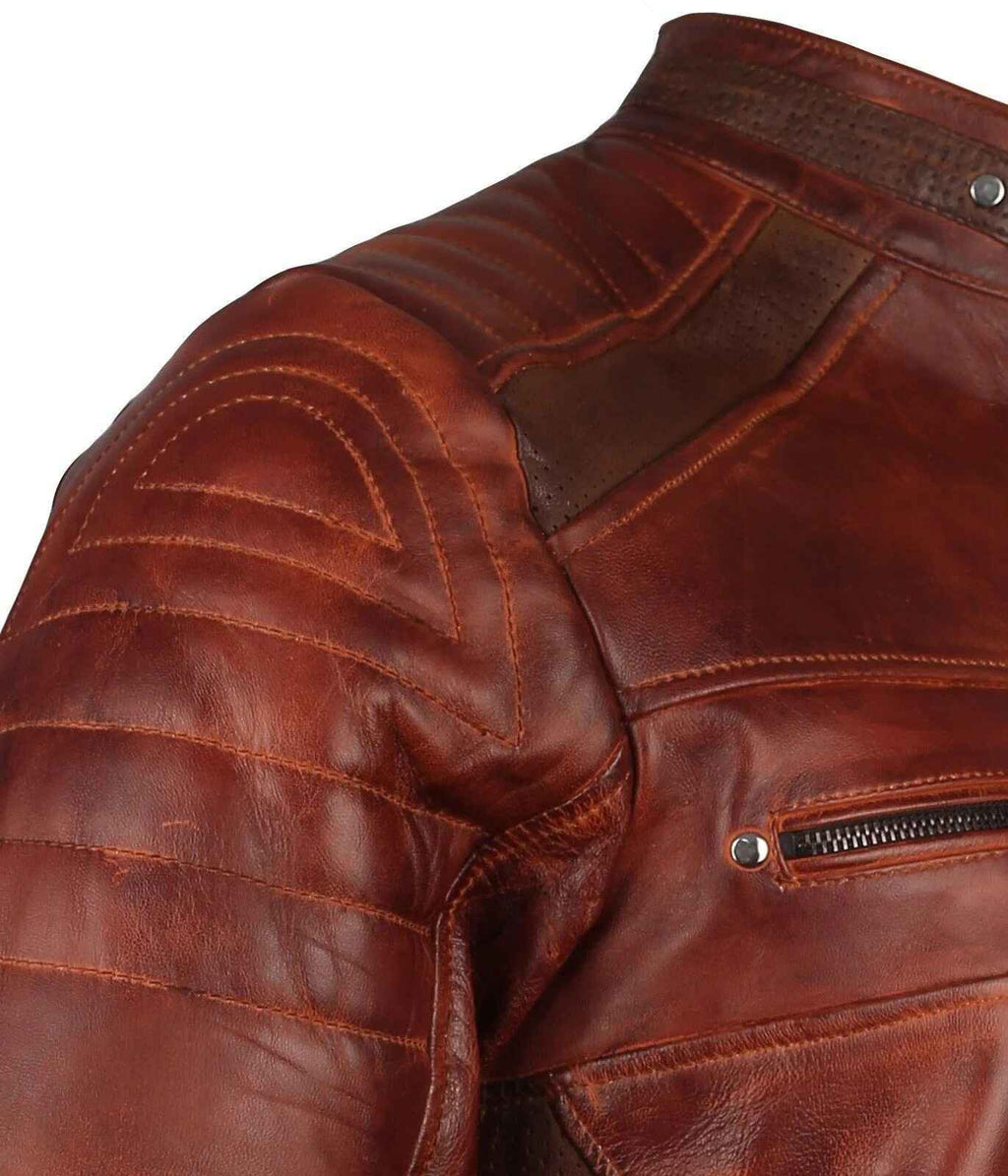 Men's Brown Waxed Cafe Racer Leather Motorcycle Jacket