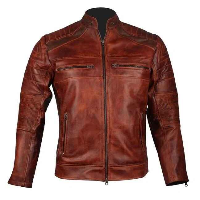 Men's Brown Waxed Cafe Racer Leather Motorcycle Jacket