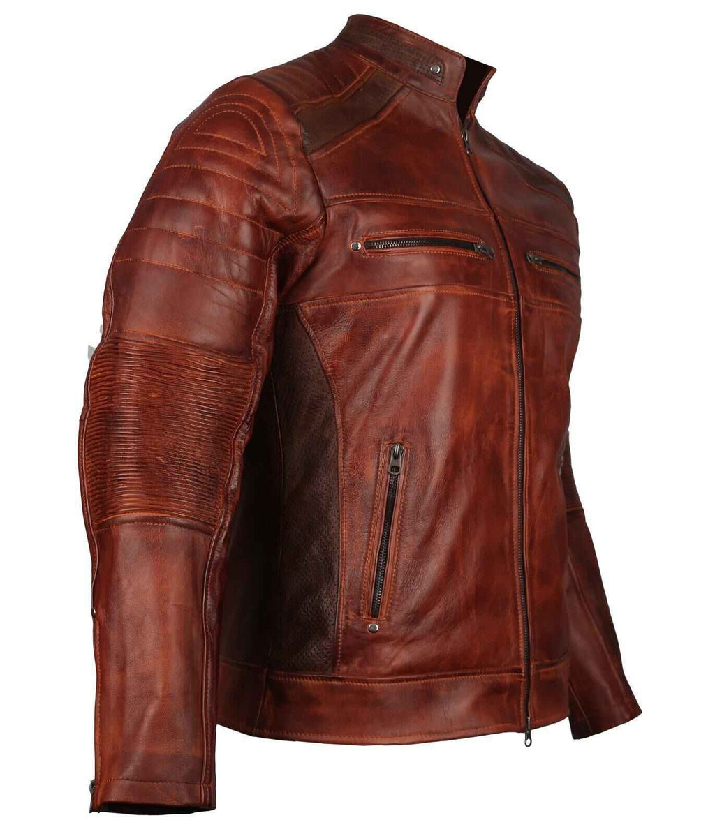 Men's Brown Waxed Cafe Racer Leather Motorcycle Jacket