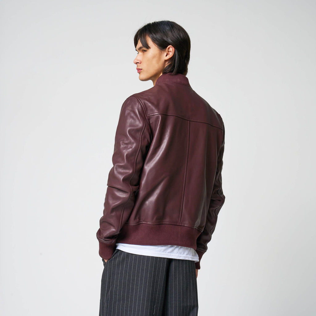 Men’s Burgundy Leather Bomber Jacket