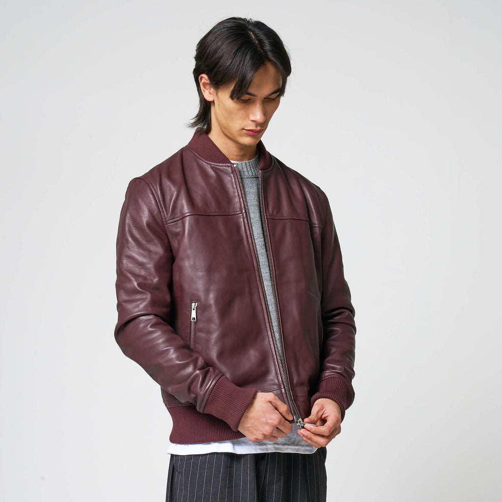 Men’s Burgundy Leather Bomber Jacket