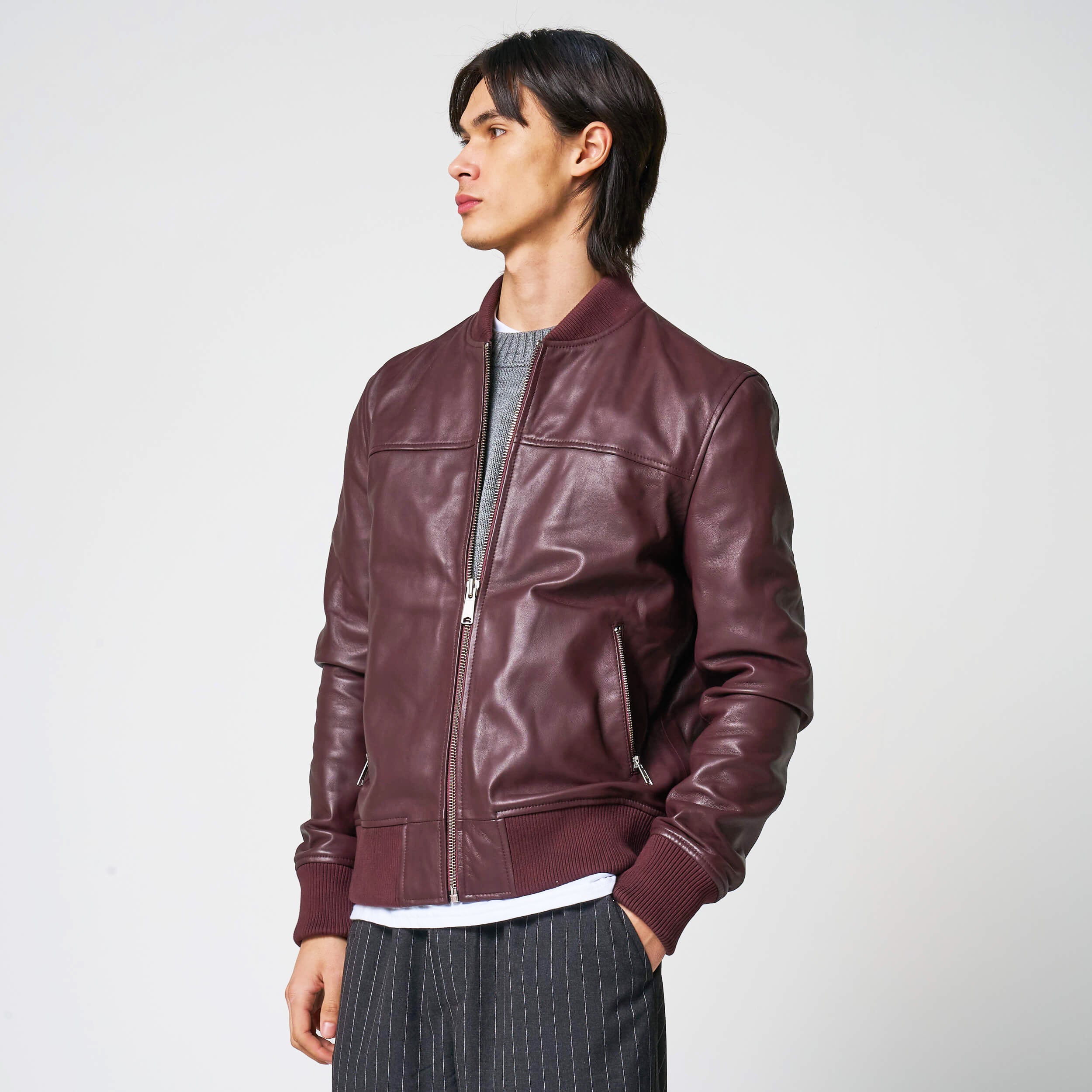 Men’s Burgundy Leather Bomber Jacket