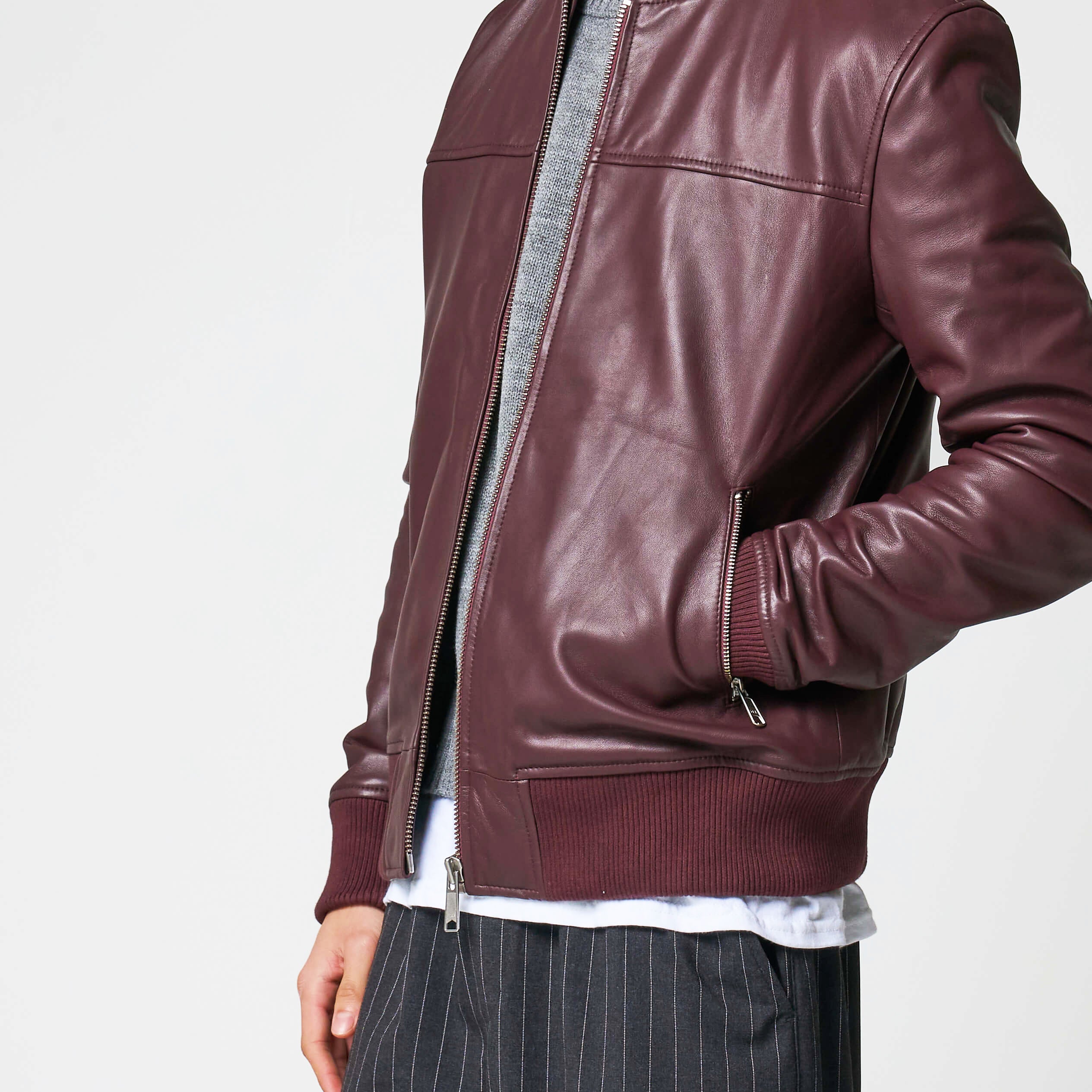 Men’s Burgundy Leather Bomber Jacket