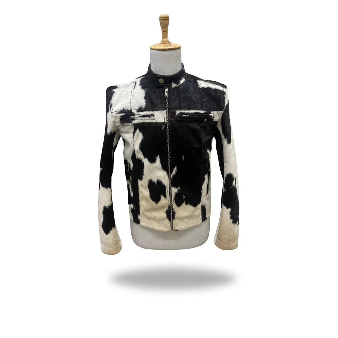 Men's Buttoned Collar Cow Hide Leather Jacket